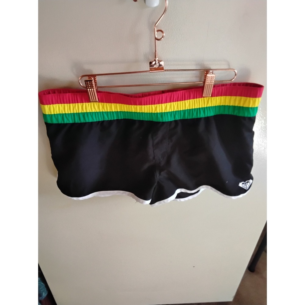 Roxy Board Shorts Black Rasta Striped Waistband Dolphin Hem Swim Shorts Size 13